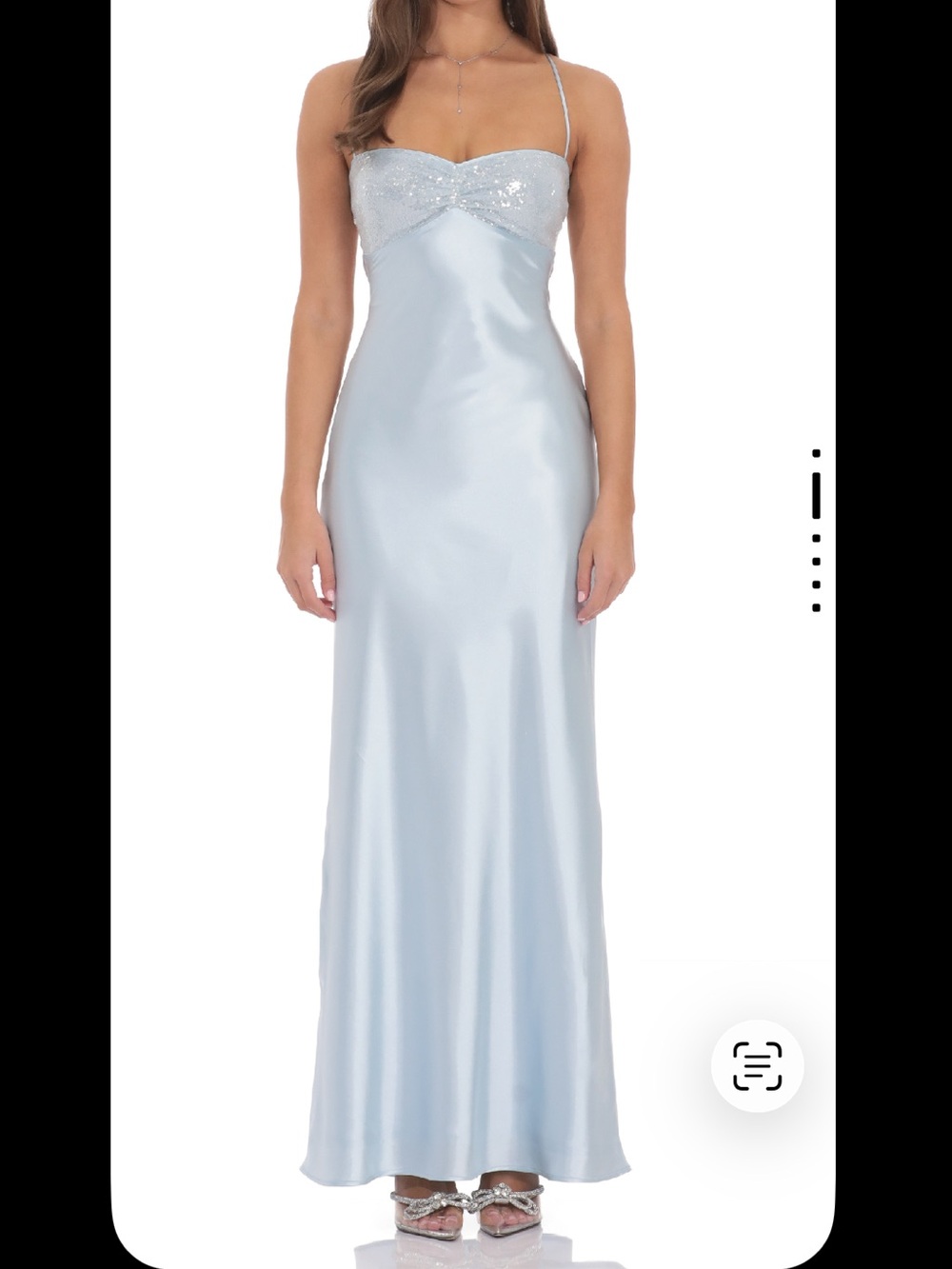 Lucy in the Sky Light Blue Satin Maxi Dress with Sequin Bust